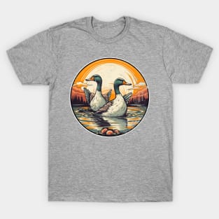 Rustic Reflections: Vintage Grunge Sun & Duck Graphic Tee T-Shirt